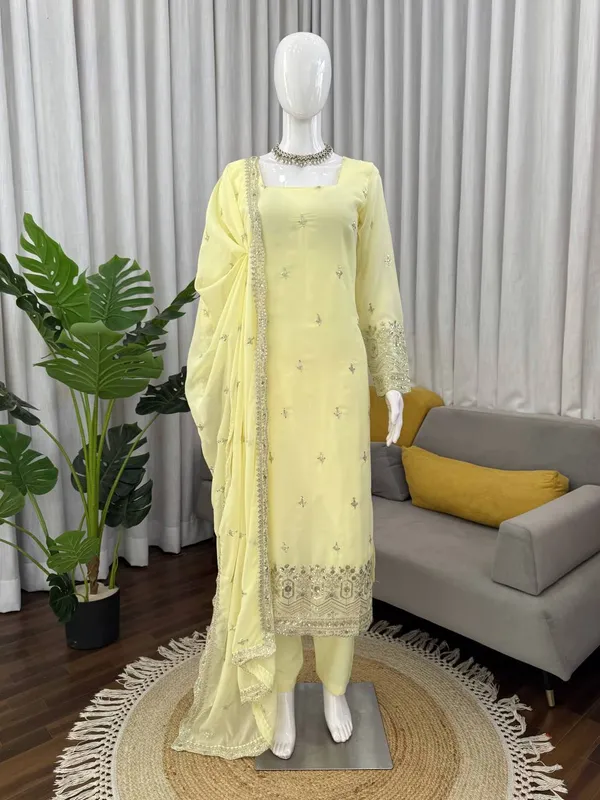 Sunshine_Yellow_Faux_Georgette_Sequin_Work_Suit_Set_|_Readymade_Top,_Micro_Cotton_Pant_&_Lace_Dupatta