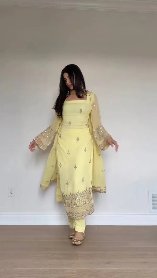 Sunshine_Yellow_Faux_Georgette_Sequin_Work_Suit_Set_|_Readymade_Top,_Micro_Cotton_Pant_&_Lace_Dupatta