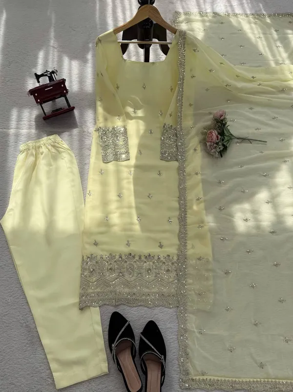 Sunshine_Yellow_Faux_Georgette_Sequin_Work_Suit_Set_|_Readymade_Top,_Micro_Cotton_Pant_&_Lace_Dupatta