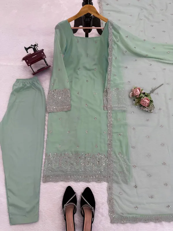 Elegant_Green_Faux_Georgette_Sequin_Work_Suit_Set_|_Readymade_Top,_Micro_Cotton_Pant_&_Lace_Dupatta