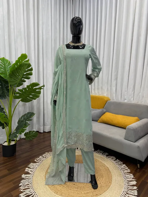 Elegant_Green_Faux_Georgette_Sequin_Work_Suit_Set_|_Readymade_Top,_Micro_Cotton_Pant_&_Lace_Dupatta