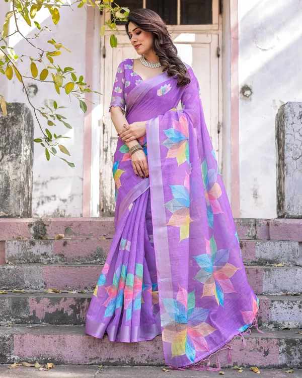 Purple_Linen_Cotton_Leaf_Printed_Tassel_Border_Saree_For_Women