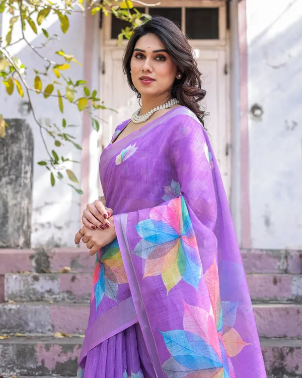Purple_Linen_Cotton_Saree_with_Multicolour_Leaf_Print_&_Tassel_Border