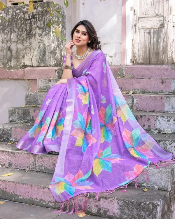 Purple_Linen_Cotton_Saree_with_Multicolour_Leaf_Print_&_Tassel_Border