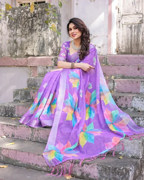 Purple_Linen_Cotton_Leaf_Printed_Tassel_Border_Saree_For_Women