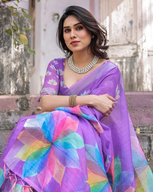 Purple_Linen_Cotton_Leaf_Printed_Tassel_Border_Saree_For_Women