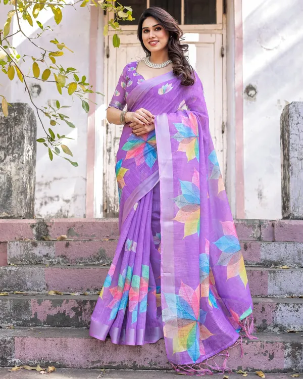 Purple_Linen_Cotton_Saree_with_Multicolour_Leaf_Print_&_Tassel_Border