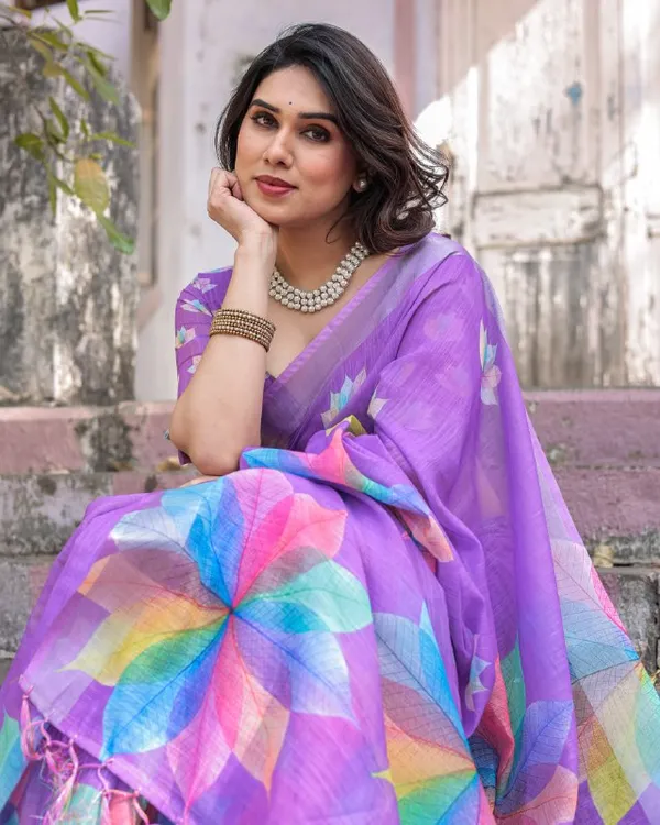 Purple_Linen_Cotton_Leaf_Printed_Tassel_Border_Saree_For_Women