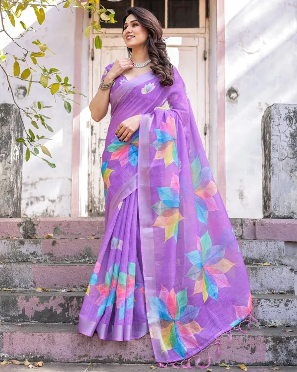 Purple_Linen_Cotton_Leaf_Printed_Tassel_Border_Saree_For_Women