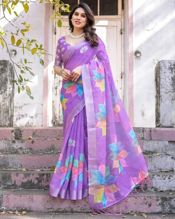 Purple_Linen_Cotton_Saree_with_Multicolour_Leaf_Print_&_Tassel_Border