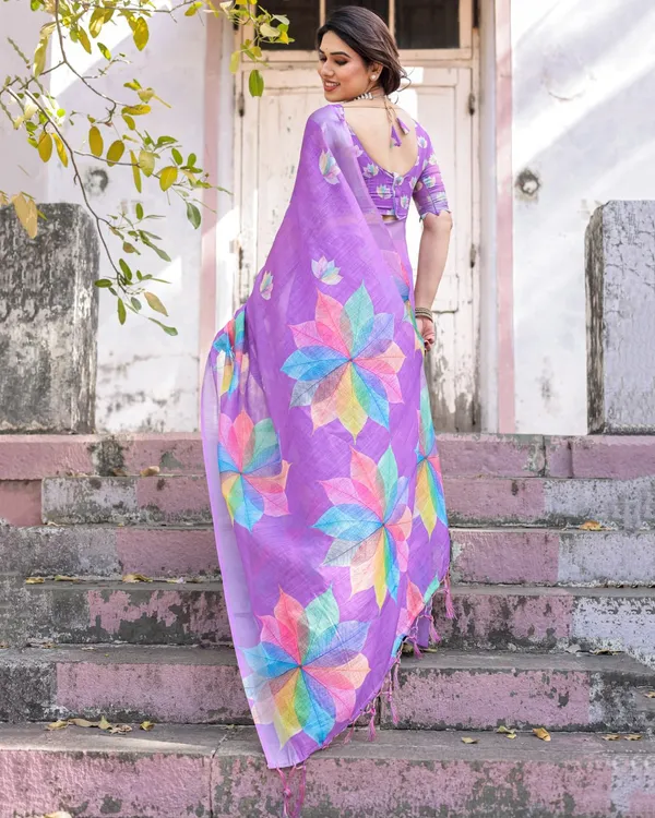Purple_Linen_Cotton_Leaf_Printed_Tassel_Border_Saree_For_Women