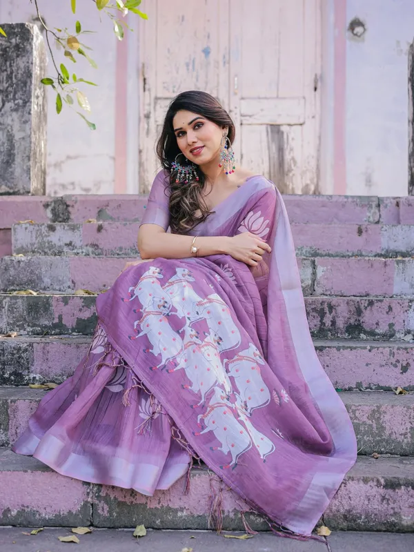 Purple_Soft_Linen_Cotton_Printed_Saree