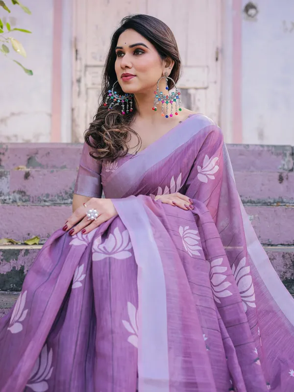Purple_Soft_Linen_Cotton_Printed_Saree