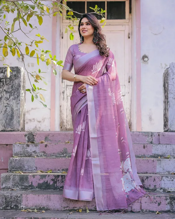 Purple_Linen_Cotton_Printed_Saree_For_Women