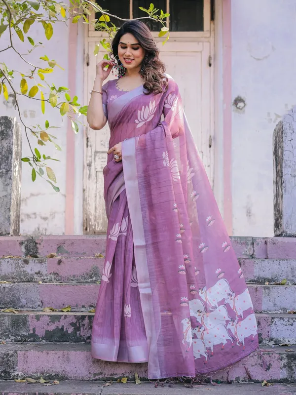 Purple_Linen_Cotton_Printed_Saree_For_Women