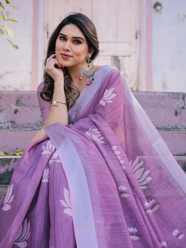 Purple_Soft_Linen_Cotton_Printed_Saree