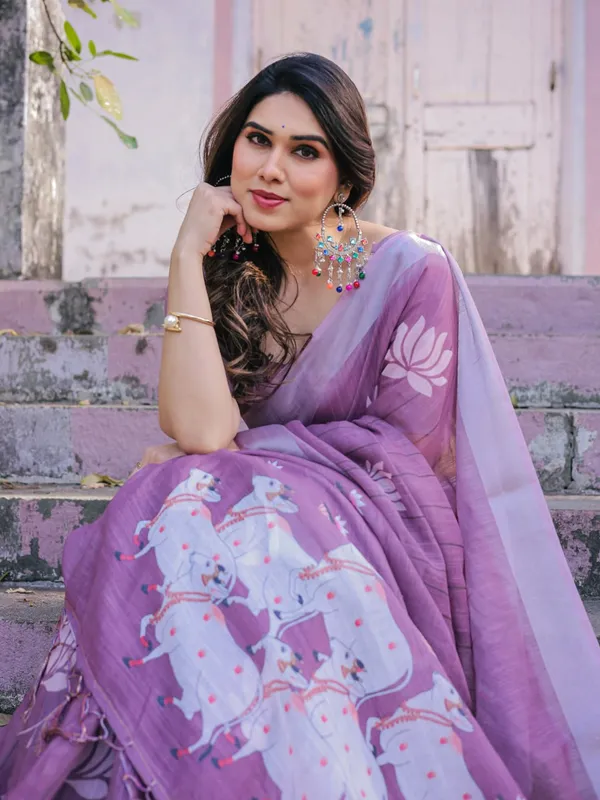 Purple_Soft_Linen_Cotton_Printed_Saree