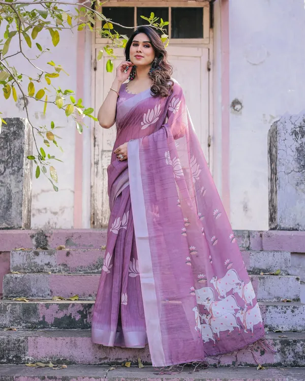 Purple_Linen_Cotton_Printed_Saree_For_Women