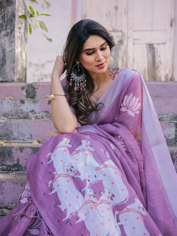 Purple_Linen_Cotton_Printed_Saree_For_Women