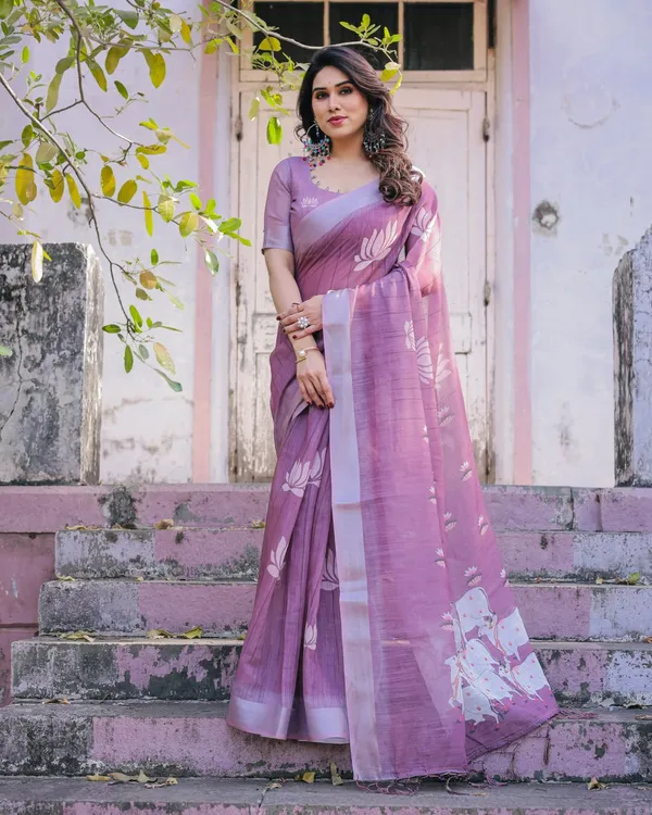 Purple_Linen_Cotton_Printed_Saree_For_Women
