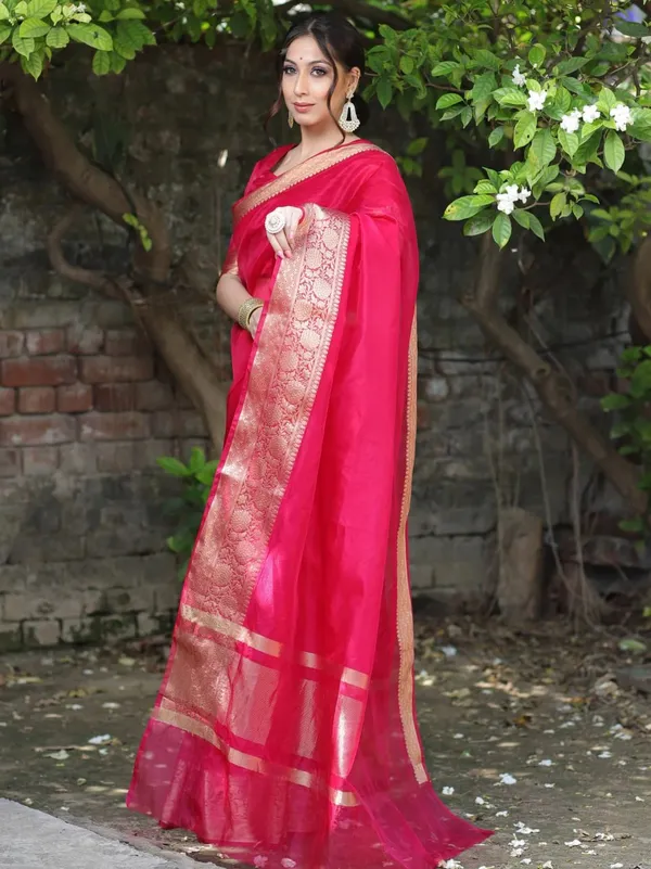 Red_Kanjivaram_Organza_Saree_with_Woven_Zari_Border_|_Wedding_&_Festive_Wear
