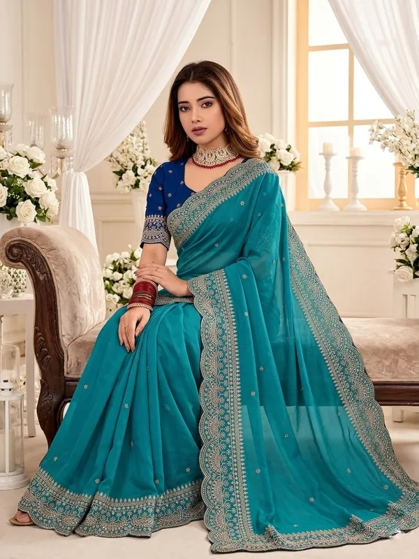 Teal_Georgette_Embroidered_Buti_Saree_For_Women