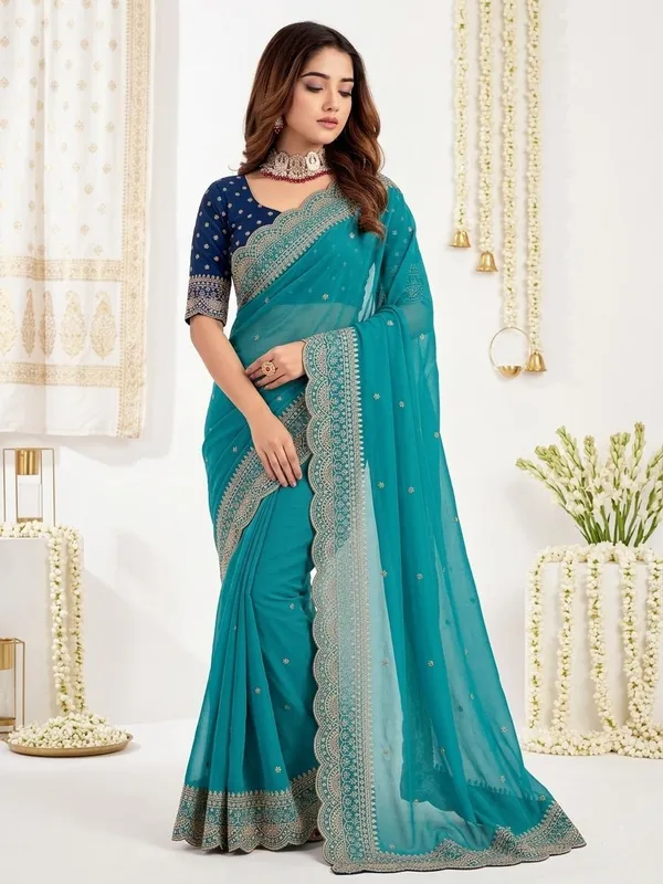 Teal_Georgette_Embroidered_Buti_Saree_For_Women