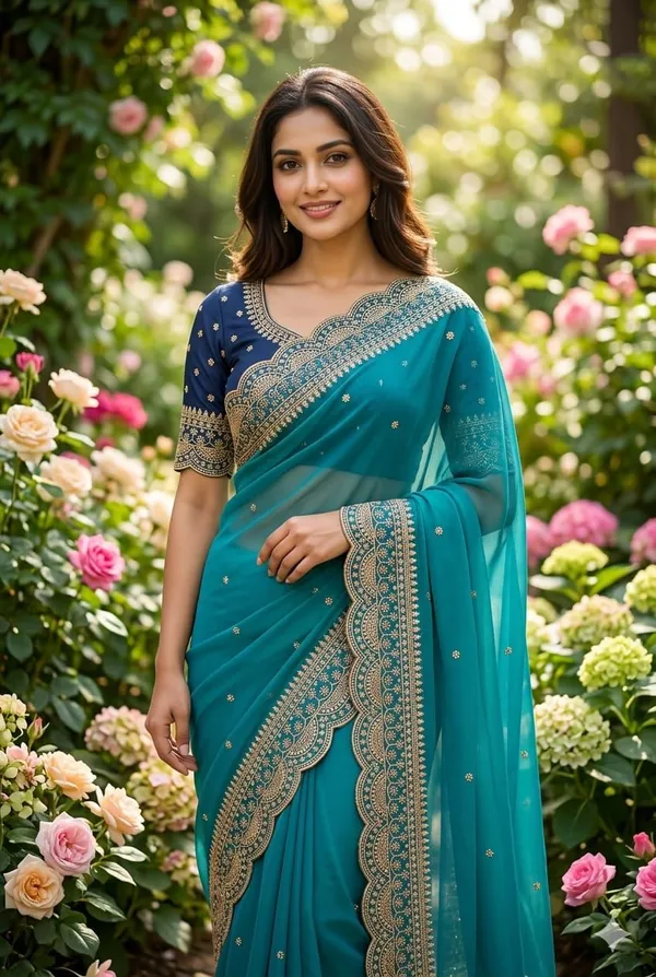 Teal_Georgette_Embroidered_Buti_Saree_For_Women
