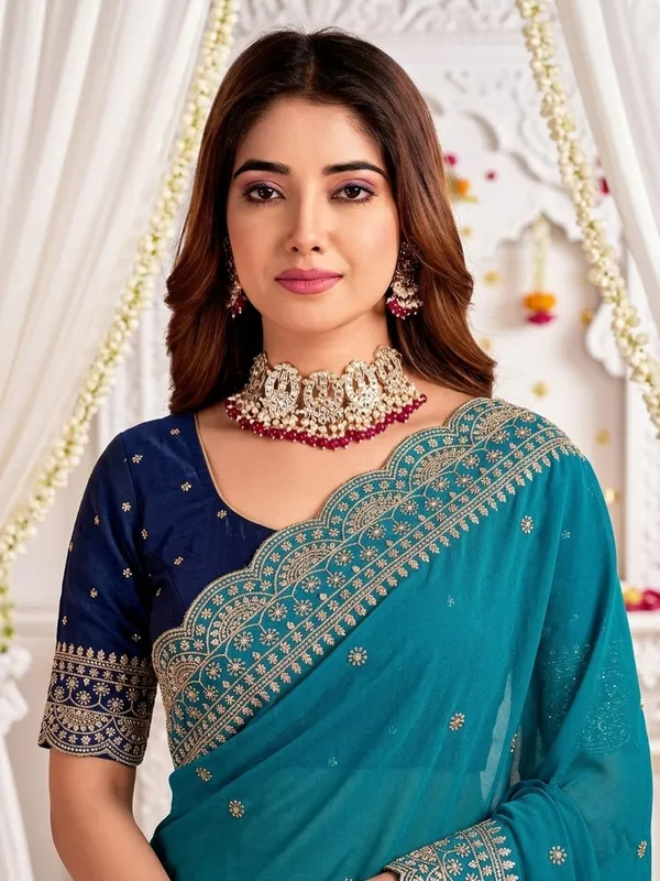 Teal_Georgette_Embroidered_Buti_Saree_For_Women