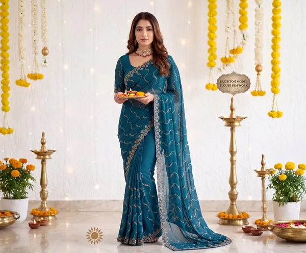 Teal_Star_Georgette_Embroidered_Leriya_Saree_For_Women