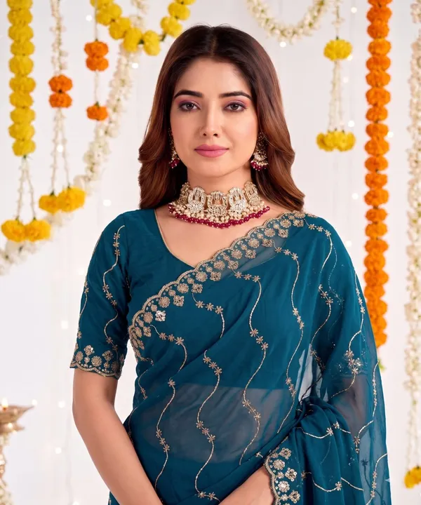 Teal_Star_Georgette_Embroidered_Leriya_Saree_For_Women
