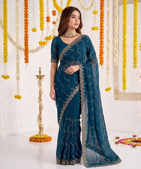 Teal_Star_Georgette_Embroidered_Leriya_Saree_For_Women