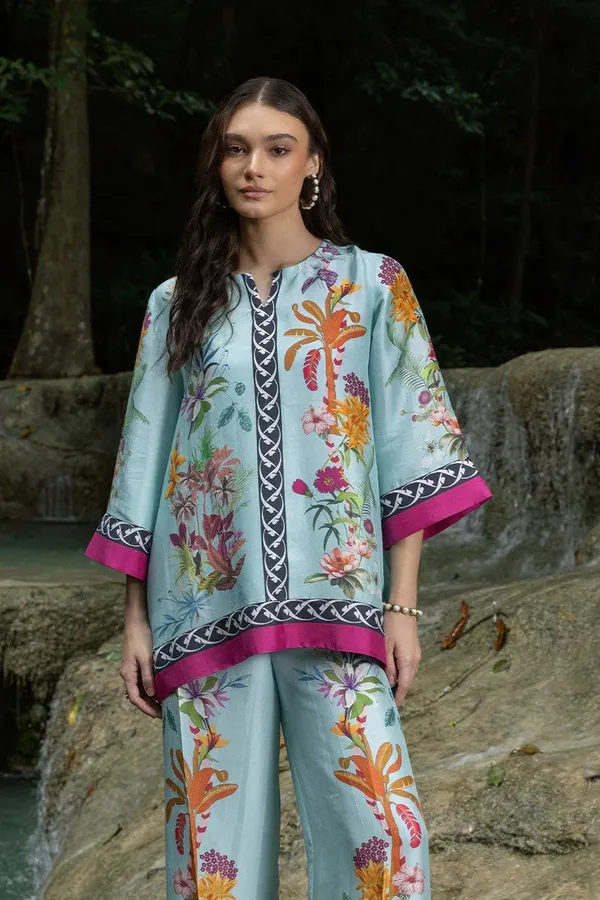 Blue_Modal_Silk_Geometric_Printed_Tunic_Trouser_Co-Ord_Set_For_Women