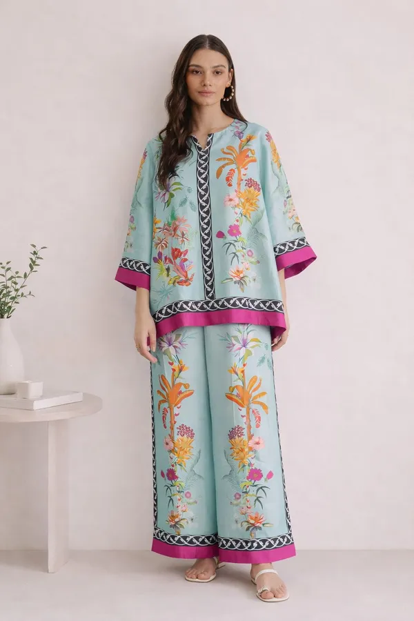 Blue_Modal_Silk_Geometric_Printed_Tunic_Trouser_Co-Ord_Set_For_Women