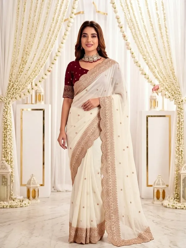 White_Georgette_Embroidered_Scalloped_Border_Saree_For_Women