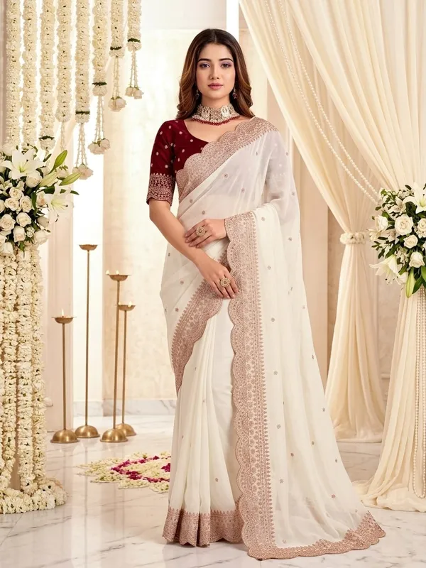 White_Georgette_Embroidered_Scalloped_Border_Saree_For_Women