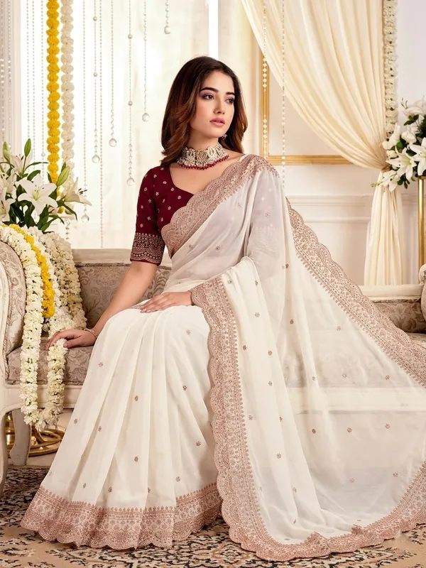 White_Georgette_Embroidered_Scalloped_Border_Saree_For_Women