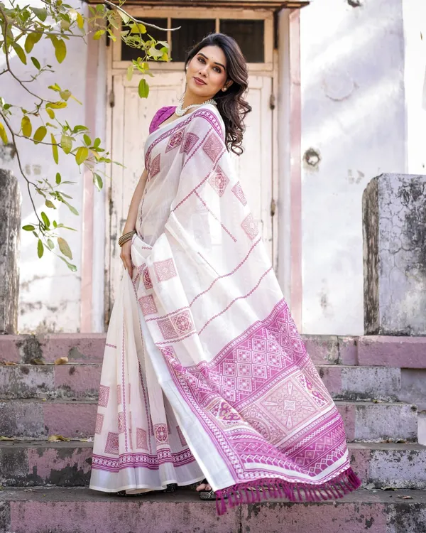 White_Linen_Cotton_Pink_Printed_Border_Saree_For_Women