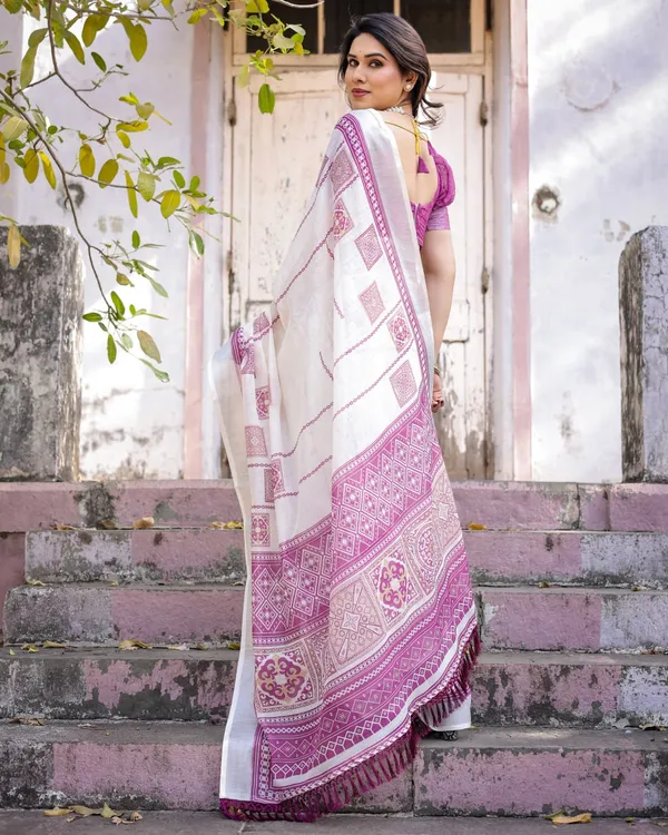 White_Linen_Cotton_Pink_Printed_Border_Saree_For_Women