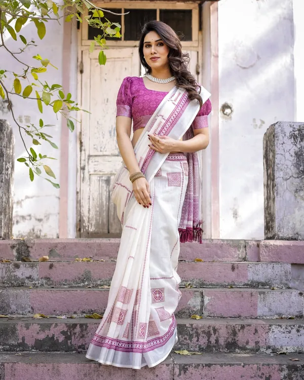 White_Linen_Cotton_Pink_Printed_Border_Saree_For_Women