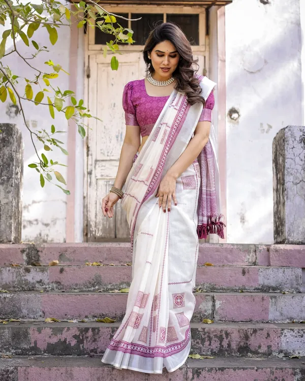 White_Linen_Cotton_Pink_Printed_Border_Saree_For_Women