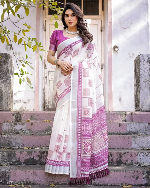 White_Linen_Cotton_Saree_with_Pink_Printed_Border_&_Blouse