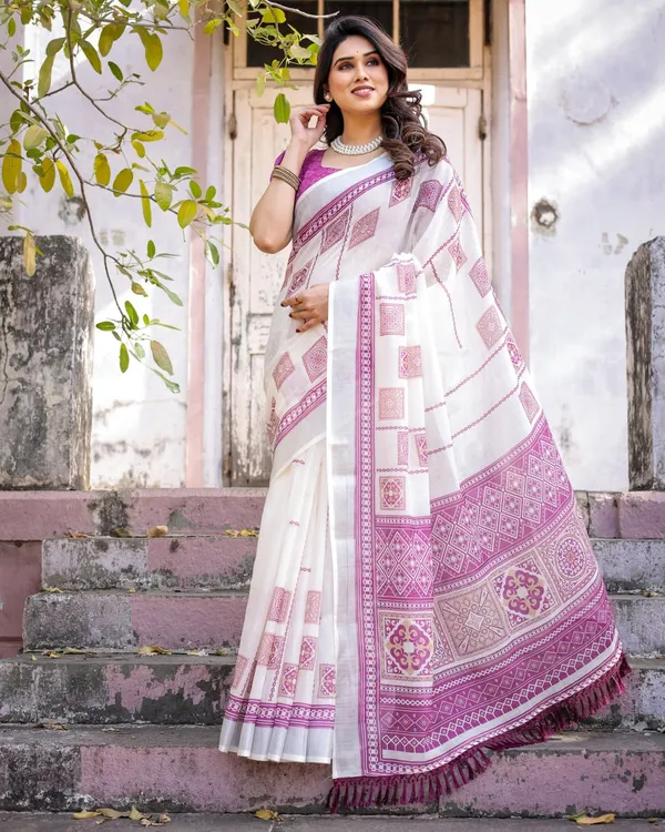 White_Linen_Cotton_Pink_Printed_Border_Saree_For_Women