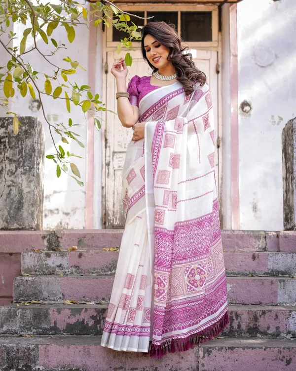 White_Linen_Cotton_Pink_Printed_Border_Saree_For_Women