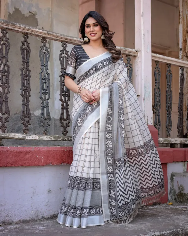 White_&_Grey_Linen_Cotton_Elephant_Border_Saree_For_Women