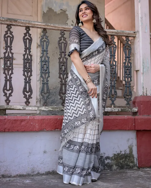 White_&_Grey_Linen_Cotton_Saree_with_Elephant_Border_&_Zigzag_Pallu_|_Handloom_Style