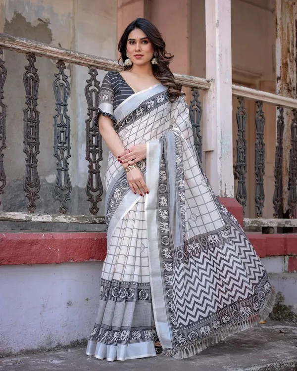 White_&_Grey_Linen_Cotton_Elephant_Border_Saree_For_Women