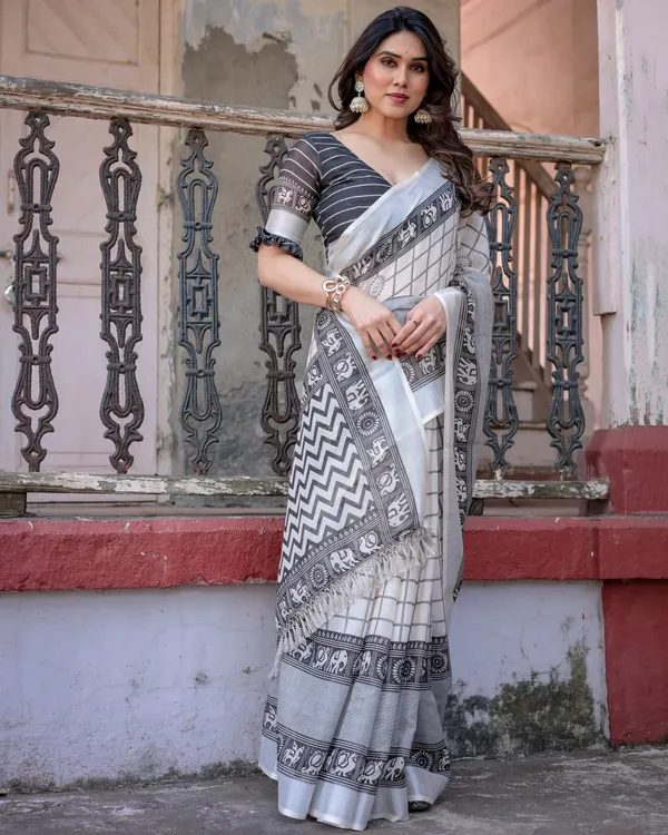 White_&_Grey_Linen_Cotton_Elephant_Border_Saree_For_Women