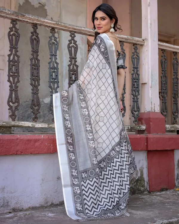 White_&_Grey_Linen_Cotton_Elephant_Border_Saree_For_Women