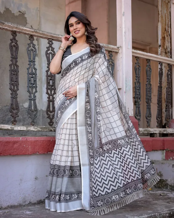 White_&_Grey_Linen_Cotton_Elephant_Border_Saree_For_Women